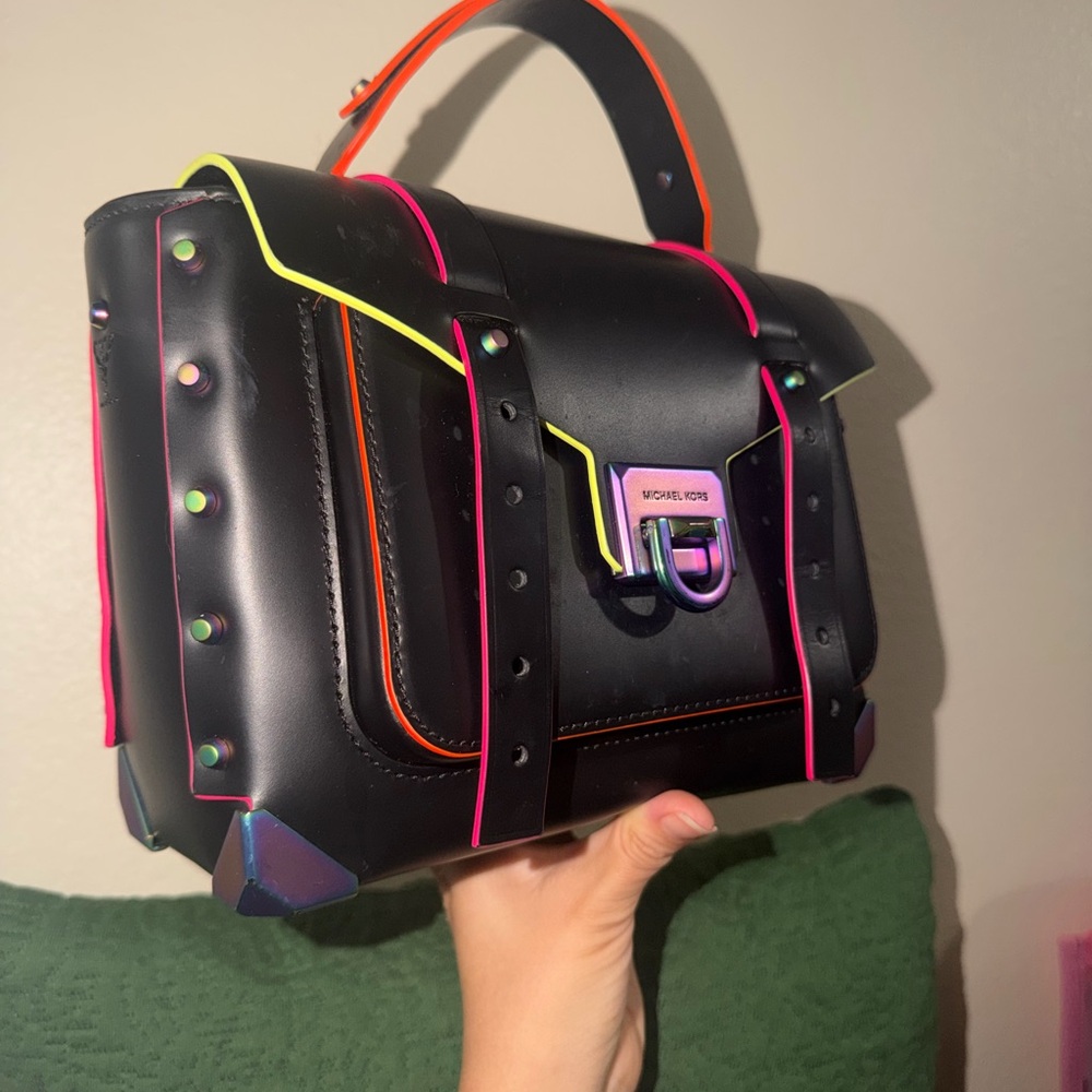 Michael Kors Manhattan Black Handbag with Neon Trim